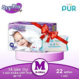 Combo Tã/bỉm dán Dry-Pro M22 (6kg-10kg) + tặng 1 gói khăn ướt Pur 80 tờ cho bé