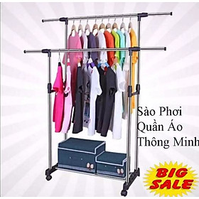 Giá kệ lắp ghép 2 tầng phơi quần áo thông minh có bánh xe di động - Sào phơi treo quần áo trong nhà, ngoài trời, ban công tiện ích có chỗ để giày dép bên dưới, tải trọng tối đa 30kg