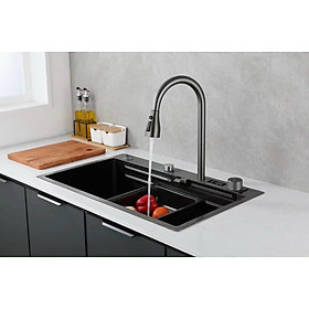 Mua  HOT   NEW  HIỂN THỊ NHIỆT ĐỘ   Chậu rửa chén một hố lớn inox 304 phủ Nano Đen Cao Cấp 75 x46 GỒM VÒI THÁC NƯỚC
