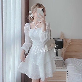 Đầm nữ váy nữ thiết kế Rossy Fashion đầm trắng ren bi cổ yếm tay rớt vai