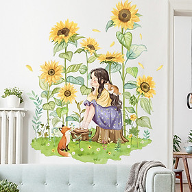 Decal dán tường trang trí phòng khách, quán cafe- Bé ngồi bên vườn hướng dương- mã sp DLV106