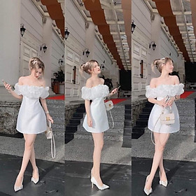 40-65KG Đầm body trễ vai phối bèo lụa satin  đen trắng cúp ngực đi biển dự tiệc cao cấp bigsize S M L đính ngọc