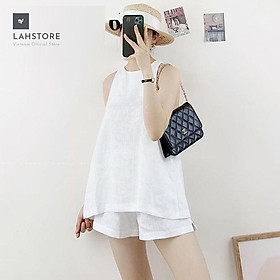 Bộ linen nữ sát nách LAHSTORE dáng yếm nút xẻ sau năng động