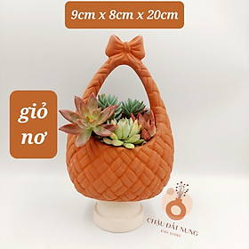 Chậu đất nung, chậu sen đá -Giỏ nơ, miệng chậu (ngang 9cm, dọc 8cm), chiều cao 20cm