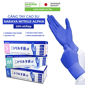 Găng tay cao su Saraya Nitrile Alpha, Không Bột, Màu Xanh Tím, dùng trong thực phẩm, vệ sinh y tế - 200 Chiếc/Hộp - Size S (80mm)