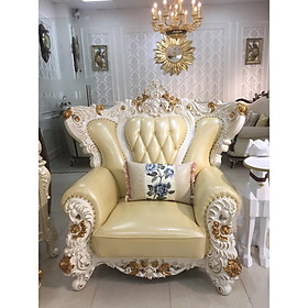 Sofa ghế 1 tân cổ điển điêu khắc tinh tế -  màu vàng chanh thanh lịch tạo nên không gian tươi mới cho phòng khách.