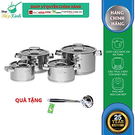 Bộ nồi inox đáy từ cao cấp FiveStar Plus FS08CG-304 nắp kính 4 chiếc,inox 304 , tặng 1 vá canh