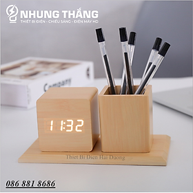 Mua Đồng Hồ Gỗ Led Để Bàn Hình Vuông Bằng DH-96 - Kiêm Ống Đựng Bút - 4 Màu Thanh Lịch - Trang Trí Decor Vintage Căn Phòng - Tặng Pin