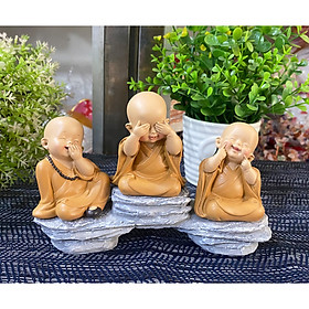 Mua Bộ 03 tượng chú tiểu Tam Không áo nâu 7cm kèm chân đế giả đá - tặng kèm 10 xu vàng may mắn