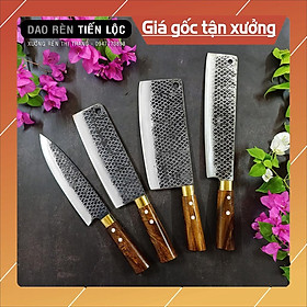 Bộ 4 Dao Nhà Bếp Thép Nhíp Dập Vân Kháng Rỉ, Chặt Cây, Xương, Thái Lọc Thịt - Cán Gỗ Cẩm