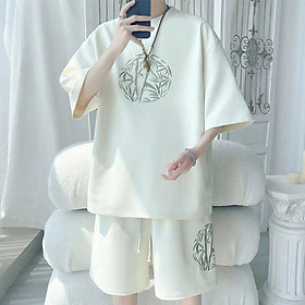 Đồ bộ mặc nhà in cành tre, chất thun da cá co giản dày, mịn, thoáng mát, tay lỡ. freesize dưới 60kg-75kg