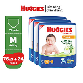 Thùng 3 gói Tã/bỉm quần HUGGIES SKINCARE gói M76+8/L68/XL60/XXL54 (M56/L48/XL40/XXL36+8) + 3 gói khăn ướt 80M