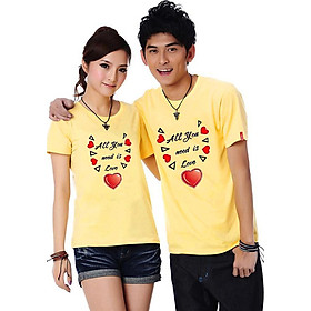 Bộ Áo Thun Đôi Nam Nữ Tình Yêu Là Tất Cả Màu Vàng