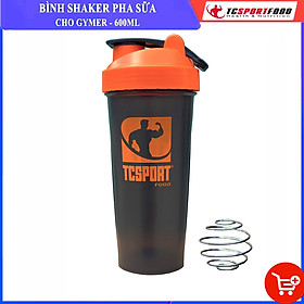 Bình lắc Shaker pha sữa cho người tập GYM hiệu TCSPORTFOOD - Bình nước thể thao Shaker 600 ml - Bình đen nắp cam