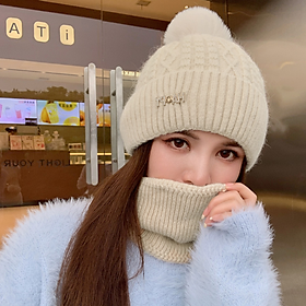 Mũ len quả bông nữ kèm khăn phong cách Hàn mới, sét nón len nữ cao cấp