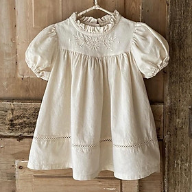 VÁY BÉ GÁI THIẾT KẾ BO TAY CỔ RÚM THÊU HOA NGỰC VINTAGE