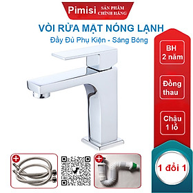 Vòi Rửa Mặt Pimisi PV-418C-1 Thân Vuông Nóng Lạnh Cho Chậu Rửa Lavabo 1 Lỗ Âm - Dương Mặt Bàn Đá Làm Từ Đồng Thau Sáng Bóng - Chỉnh Nước Bằng Gật Gù Nóng Lạnh Trong Nhà Tắm Với Đủ Phụ Kiện Xi Phông Và Dây Cấp Nước | Chính Hãng