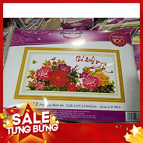 Tranh thêu chữ thập hoa mẫu đơn thư pháp phú quý bình an KT 124x62cm