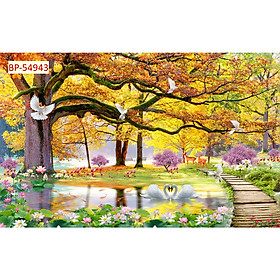 Tranh dán tường 3d tranh trang trí decor phòng tranh cây lá mùa thu vàng có sẵn keo