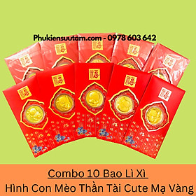 Combo 10 Bao Lì Xì Hình Con Mèo Thần Tài Cute Mạ Vàng, kích thước 17cmx9cm