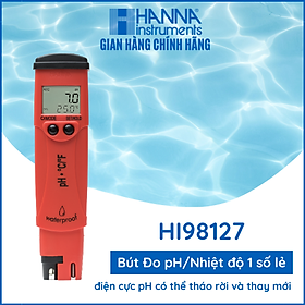 Bút đo PH & Nhiệt Độ Trực Tiếp Trong Nước Từ 0.0 - 14.0 pH Với Độ Phân Giải 0.1 Và Điện Cực pH Có Thể Tháo Rời Và Thay Thế Khi Cần - Hanna - HI98127, tặng kèm gói dung dịch để hiệu chuẩn, rửa, bảo quản,điện cực, để kiểm tra nước hồ cá, nước sạch, nước cấp