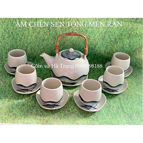 Mua Bộ ấm chén men rạn Bát Tràng vẽ hoạ tiết hoa sen