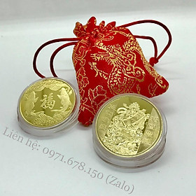 Đồng Xu Thần Tài Mạ Vàng - Tặng Kèm Túi Gấm Đỏ