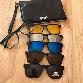 Set Kính Cận Râm 5in1 Mắt Vuông Nhiều Tròng Cho Nam Nữ 