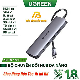 Bộ chuyển đổi đa năng USB Type C 10 in 1 UGREEN 80133 (USB C sang 3 USB 3.0, HDMI, RJ45,SD,TF, AUDIO 3.5) - Hàng Chính Hãng