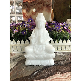 Mua Tượng Phật Bà Quan Thế Âm Bồ Tát ngồi đài sen cầu bình an đá cẩm thạch trắng - Cao 25 cm