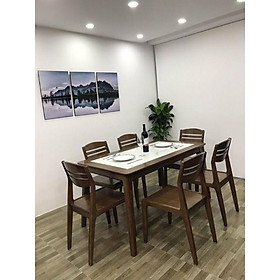 Bộ Bàn Ăn 6 Ghế Chân Chéo, Mặt Đá, Ghế Liền