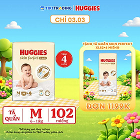Tã quần Huggies Skin Perfect Mega Jumbo M98+4 miếng với 2 vùng thấm giảm kích ứng da