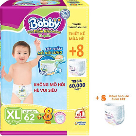 Tã quần Bobby - Đệm Lưng Thấm Mồ Hôi XL62 (62 miếng) - Tặng 8 miếng trong gói
