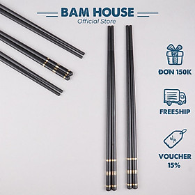 Mua Set 5 đôi Đũa nhựa đen nhám Bam House chất nhựa Melamine hoạ tiết đuôi vàng cao cấp DNV07
