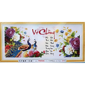 Tranh đính đá vợ chồng chim công hoa hồng YN5541 - 110 x 50 cm - chưa đính