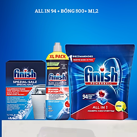 Viên rửa bát finish All in one 90 viên+Dung dịch nước làm bóng finish 750ml+Muối rửa bát chén finish 1.2kg cho Máy rửa bát