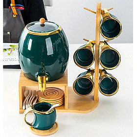 Bộ ấm trà, bộ chum sứ xanh cổ vịt viền vàng 3l kèm 6 cốc sứ và khay gỗ treo phong cách Bắc Âu