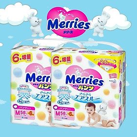 [Combo 2] Bỉm - Tã quần Merries cộng miếng size M 58+6 miếng (Cho bé 6~11kg)