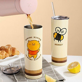 Ly giữ nhiệt in hình cute inox 304 không gỉ tặng kèm ống hút có nắp đậy 650ml sang trọng - giao mẫu ngẫu nhiên