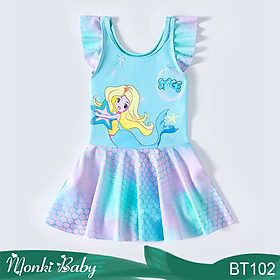 Bộ bơi bé gái họa tiết tiên cá dễ thương, áo tắm trẻ em dáng váy liền quần đùi điệu đà, chất thun bơi lạnh mịn đẹp bền chắc, co giãn cao, phom dáng đường may chuẩn | BT102