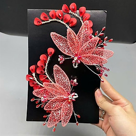 Cài tóc cô dâu mẫu cánh lá tuyết kim sa màu đỏ mẫu mới t11/2024