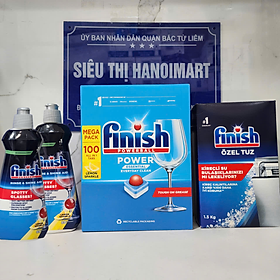 Combo 4 món Hộp 90 viên Finish GIGA All in 1 + Muối Finish 1,5kg + 2 Nước làm bóng Finish 400ml dành cho máy rửa chén EU