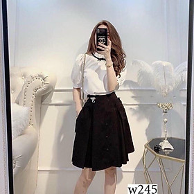 Set bộ áo trắng cổ bèo dễ thương kèm chân váy đính nút