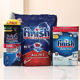 combo Viên rửa bát finish all in one 100 viênDung dịch Nước làm bóng finish 800ml Muối rửa bát finish 1.5kg cho Máy rửa bát - Combo 90V finish all in 1  Bóng 750ml  Mu