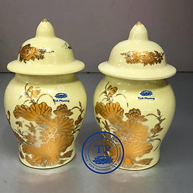 Mua Combo 2 hũ thờ gạo muối bước bằng sứ sen vàng KH18598