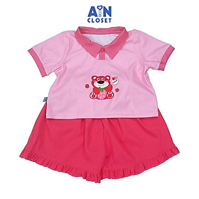 Bộ quần áo Ngắn bé gái họa tiết Gấu và Dâu Hồng Thun cotton - AICDBG8FJNHF - AIN Closet