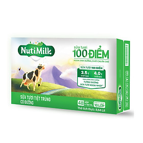 Thùng 48 Hộp NutiMilk Sữa tươi 100 điểm - Sữa tươi tiệt trùng Có đường 180ml TU.STCD180TI NUTIFOOD