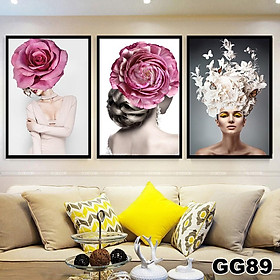 Tranh treo tường canvas 3 bức phong cách hiện đại Bắc Âu 76, tranh cô gái trang trí phòng khách, phòng ngủ, phòng ăn,spa