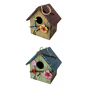 2 Pieces Mini Wooden Hanging Bird House w/Flowers Outdoor Rustic Birdhouses