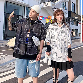 Áo Sơ Mi Hoạ Tiết Tay Lỡ Dáng Rộng, Sơ Mi Tay Lửng Unisex - MM